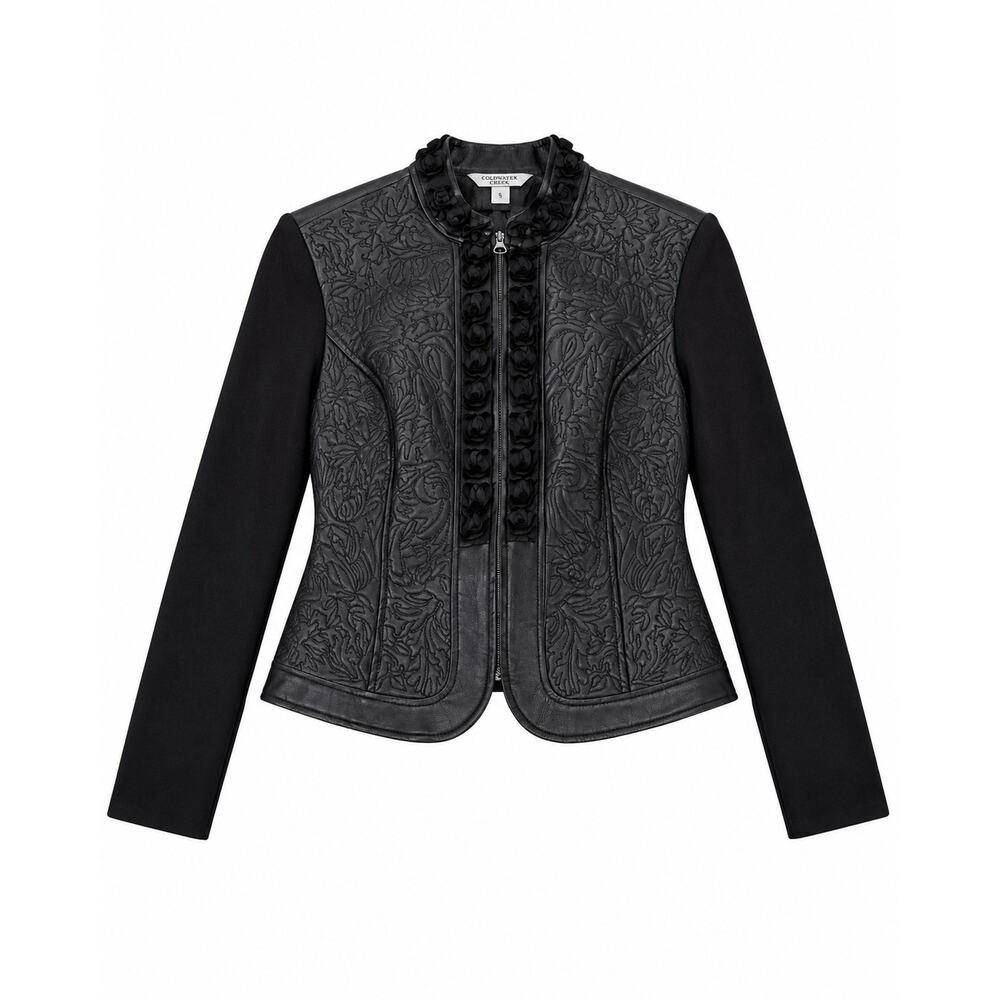 Genuine Leather Whimysgoth Y2K Black Embroidered Knit Jacket Floral Rosette P/S - Picture 2 of 15